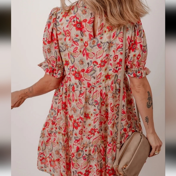 Floral Print Frilled Neck Puff Sleeve High Waist Dress - Picture 4 of 4